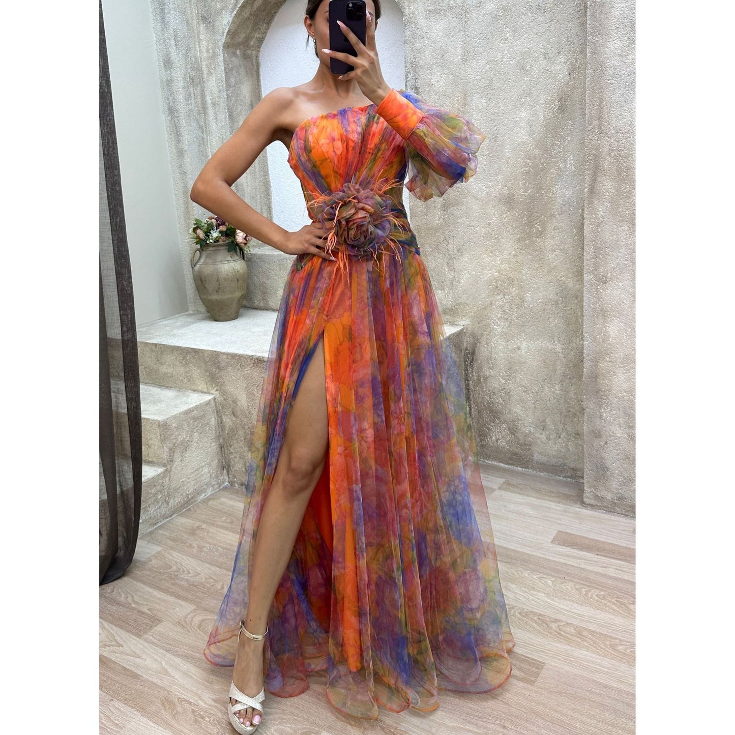 Mesh Tie dye Printed Off shoulder Slit Dress Summer