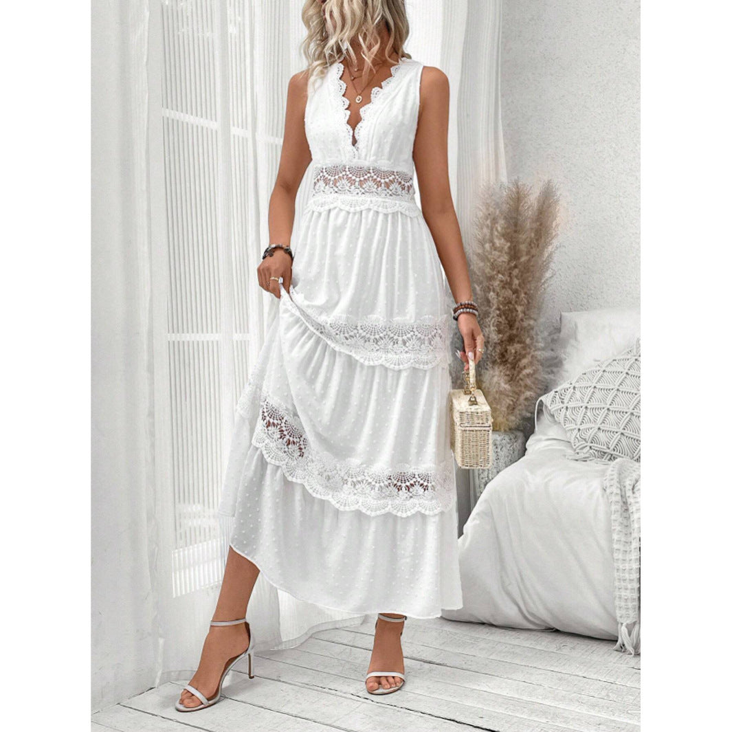 Lace Stitching V-neck Sleeveless Dress