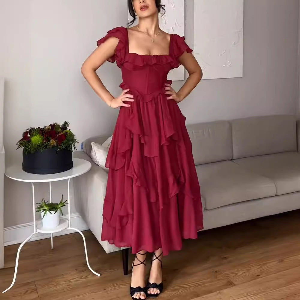 Short-sleeved Dress Fashion Backless Square Neck Long Dresses For Party