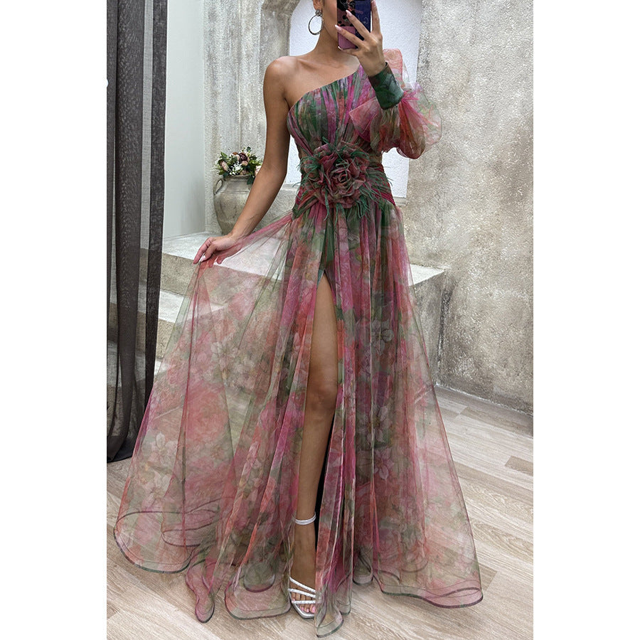 Mesh Tie dye Printed Off shoulder Slit Dress Summer