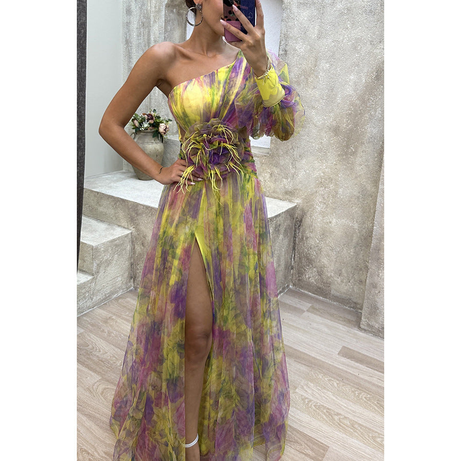 Mesh Tie dye Printed Off shoulder Slit Dress Summer