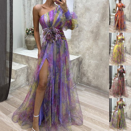 Mesh Tie dye Printed Off shoulder Slit Dress Summer