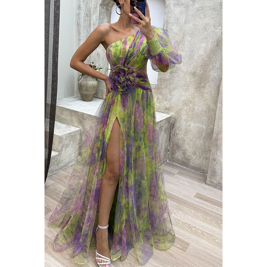 Mesh Tie dye Printed Off shoulder Slit Dress Summer